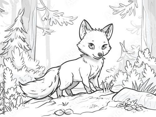 Obraz na płótnie white background, Fox with a bushy tail - isolate on a forest background., very simple and isolate in the style of animated illustrations with drawings in pencil easy, white background w salonie