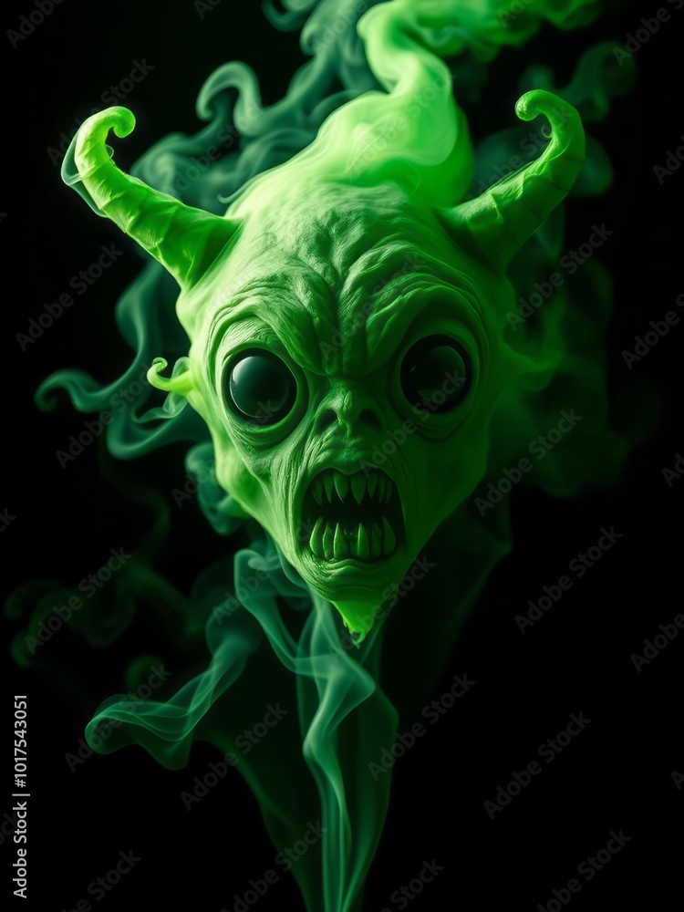 Horrific abstract monster a ghost mystically depicted from green smoke with large eyes mouth and ears on a black background print for clothes Smoke Explosion Backdrop