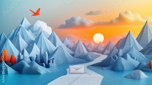 The Journey of a Letter, a conceptual design of a letter traveling across various landscapes photo