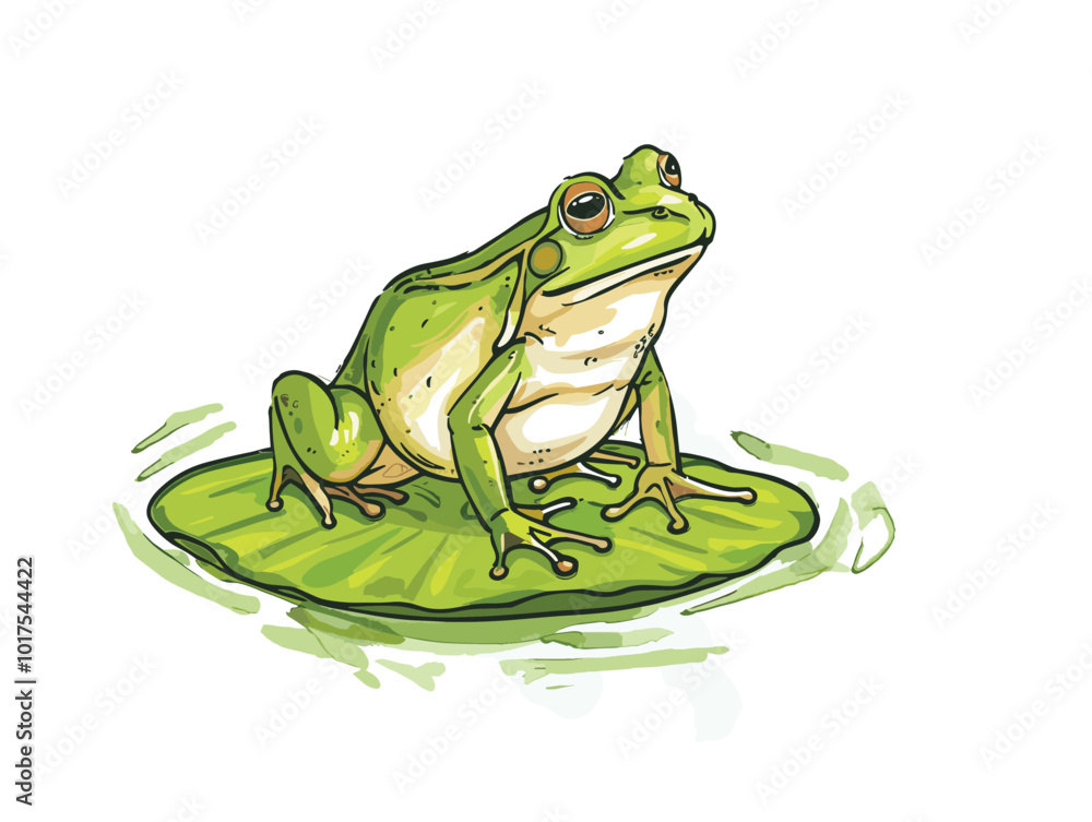 white background, Frog perched on a lily pad in a pond - isolate on a pond with lily pads background., very simple and isolate in the style of animated illustrations with drawings in pencil art