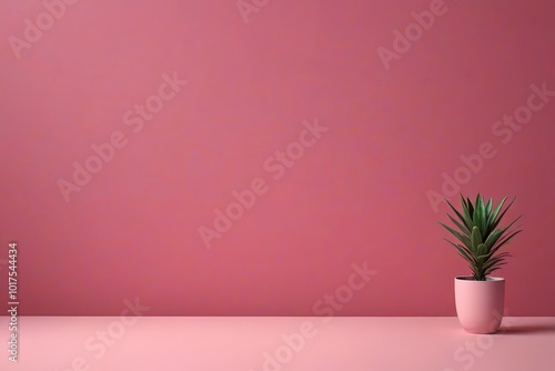 there is a plant in a pot on a table against a pink wall photo