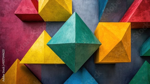 Abstract shot of vibrant tetrahedron shapes arranged in a futuristic geometric composition