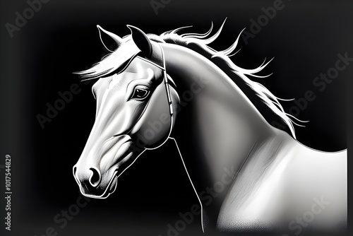 scratch board effect of a horse, black and white  illustration, stallion, mare, horse racing, gallop, mane, hoof, speed, lines, contrast, elegance, silhouette, motion, strength, power, rider, stride photo