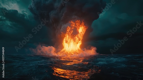 An underwater volcano, erupting with glowing lava and surrounded by dark ocean waters, illuminated by its fiery glow.