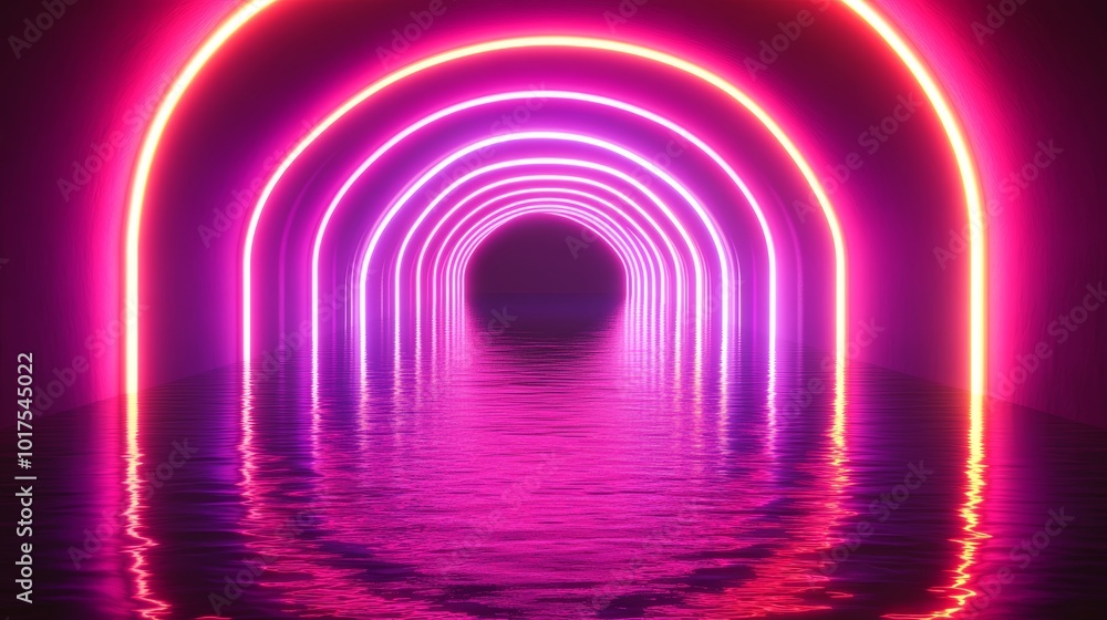 Naklejka premium Abstract neon light fluorescent neon lights glow reflection on water exhibition background 3d illustration