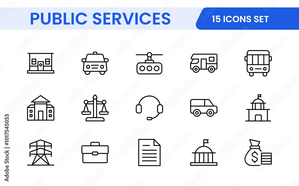 Set of outline Public Services icons. Minimalist thin linear web icon set. Line icons related to public utilities. Gas, electricity, water, heating. Set of outline Public Services icons. Minimalist thin linear web icon set. Line icons related to public utilities. Gas, electricity, water, heating.