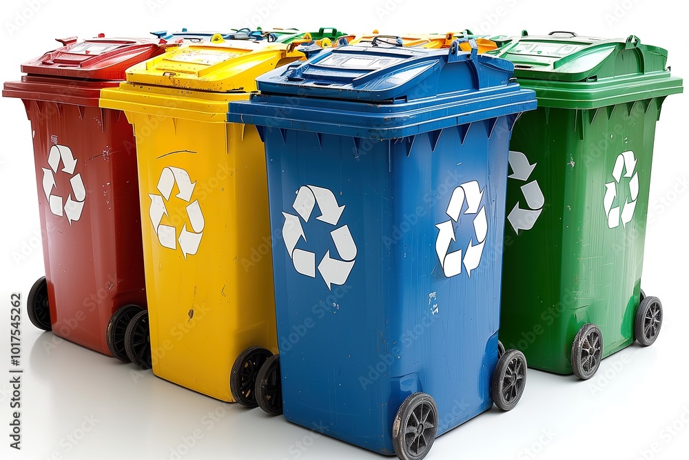 Different colored recycle bins standing in a row representing waste sorting for environmental sustainability