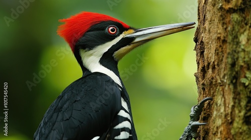 Ivory-Billed Woodpecker: Close-up of an ivory-billed woodpecker pecking at a tree trunk, showcasing the unique features and natural behavior of this rare bird. photo