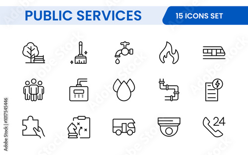 Set of outline Public Services icons. Minimalist thin linear web icon set. Line icons related to public utilities. Gas, electricity, water, heating.