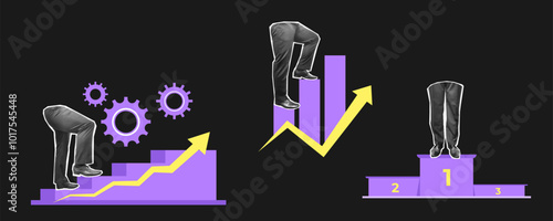 A business collage with the dynamics of growth. Feet are walking up the stairs. Achieving the result. Vector illustration.