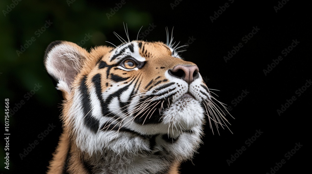 Close up Portrait of a Tiger Looking Up Black Background Close up Portrait of a Tiger Looking Up Black Background