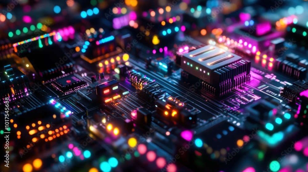 A vibrant close-up of a circuit board with illuminated components. A vibrant close-up of a circuit board with illuminated components.