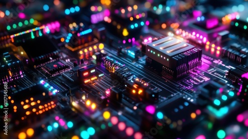 A vibrant close-up of a circuit board with illuminated components.