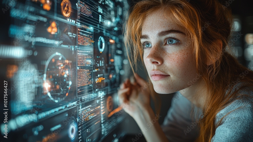A focused young woman interacts with futuristic digital displays, analyzing data. A focused young woman interacts with futuristic digital displays, analyzing data.
