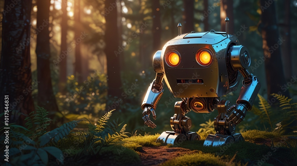 a robot in the forest with the sun behind him a robot in the forest with the sun behind him