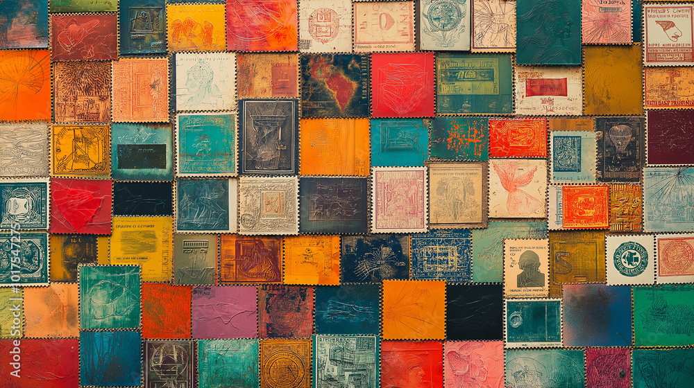 Stamps of the World, a vibrant collage of unique stamps from various countries, celebrating the cultural significance of stamps, with copy space, World Post Day Stamps of the World, a vibrant collage of unique stamps from various countries, celebrating the cultural significance of stamps, with copy space, World Post Day