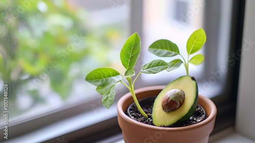 Young avocado sprout with leaves in pot on window sill  growing avocados in a pot at home fresh avocado sprout with green leaves grows from a seed selective focus photo