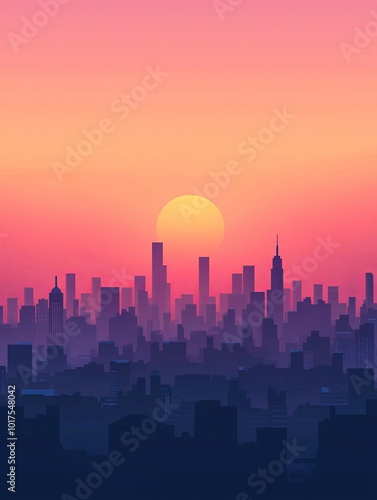 Vibrant Minimalist Cityscape Silhouette Against Colorful Sunset Gradient Sky