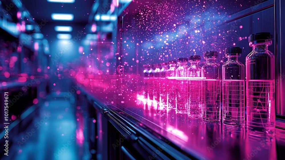 A futuristic display of glass vials illuminated by vibrant pink and blue lights. A futuristic display of glass vials illuminated by vibrant pink and blue lights.