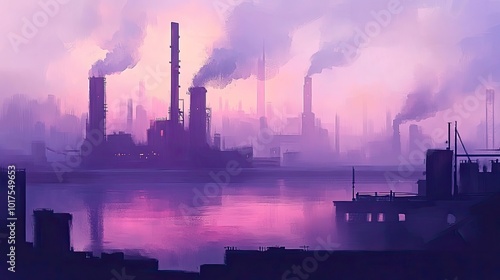 Smoke Rising from Industrial Pipes in Foggy Urban Landscape at Dawn