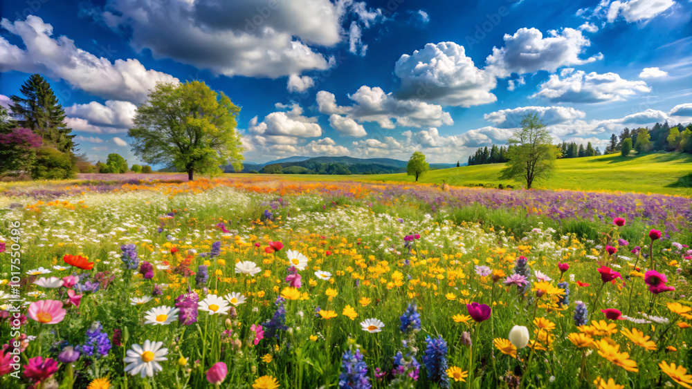 Colorful Wildflower Meadow Under Blue Sky Colorful Wildflower Meadow Under Blue Sky