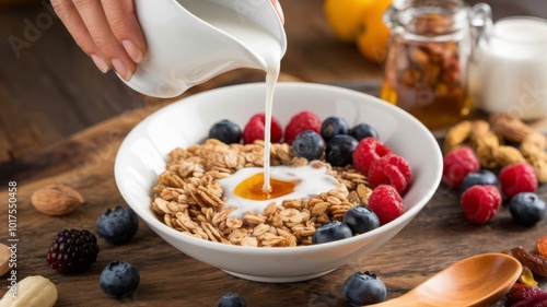 Healthy Breakfast Scene with Hand Pouring Milk on Muesli, Emphasizing Organic Nutrition and Vegan