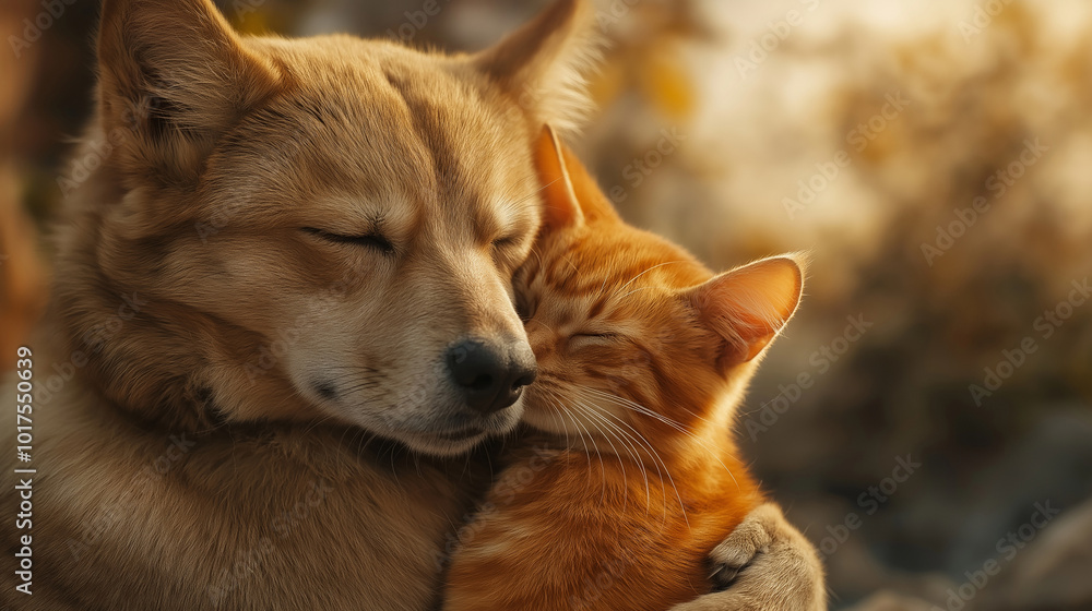 Fototapeta premium cat and dog giving a hug