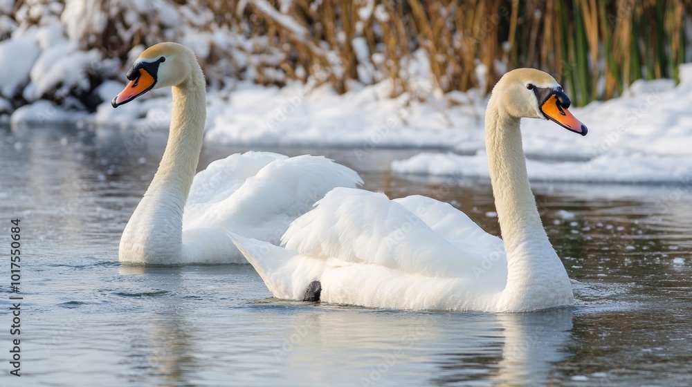 Obraz premium Swans swimming in a pond during winter