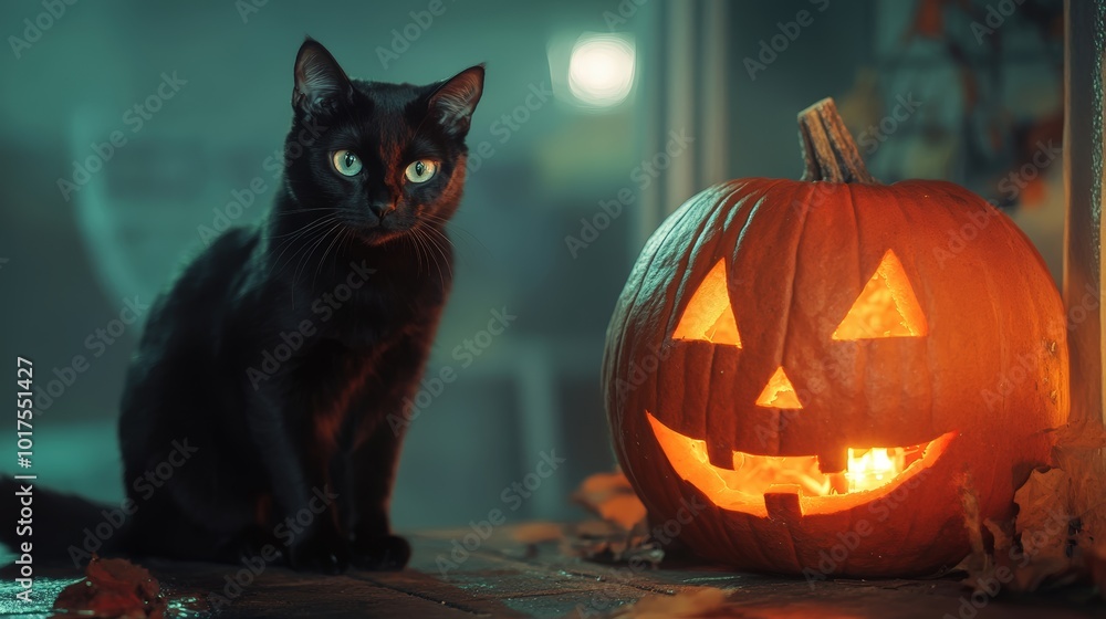 A black cat is sitting next to a pumpkin with a smiley face on it A black cat is sitting next to a pumpkin with a smiley face on it