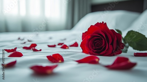 Fototapeta Naklejka Na Ścianę i Meble -  Red rose place on a clean white bed and a red rose petals strewn around