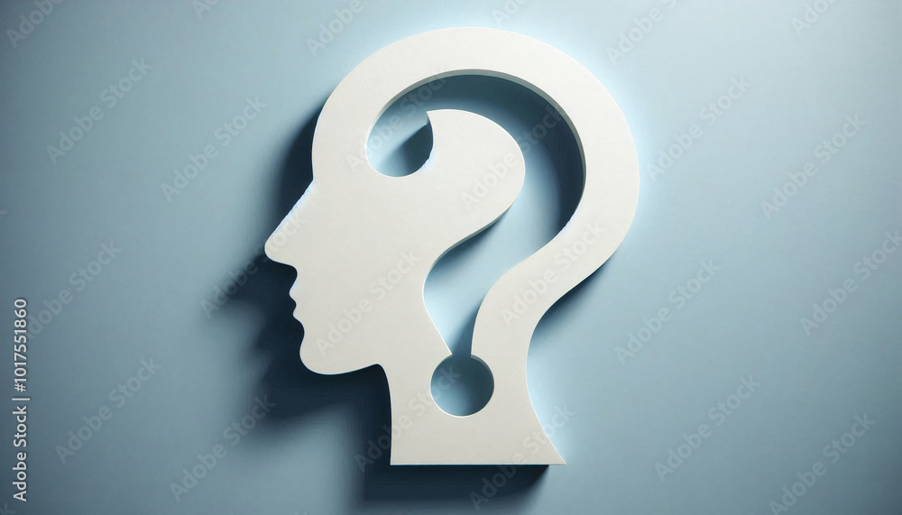 Paper-cut silhouette of a human head forming a question mark against a soft blue background Paper-cut silhouette of a human head forming a question mark against a soft blue background