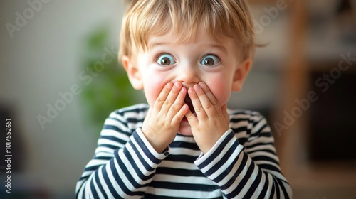 A close-up shot of a little boy in a striped shirt, covering his mouth with both hands, his eyes wide open in surprise while laughing.