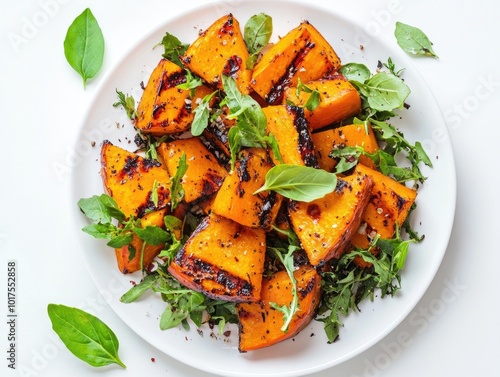 Autumn salad with grilled pumpkin and herbs on white background top view photo