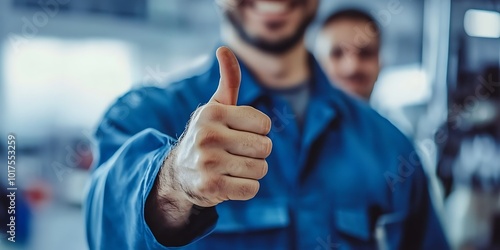 Happy male worker showing thumbs up while standing in factory. photo