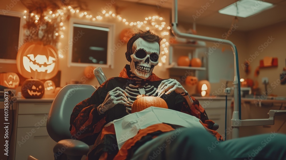 A skeleton dressed in a Halloween costume is sitting in a dentist's chair A skeleton dressed in a Halloween costume is sitting in a dentist's chair