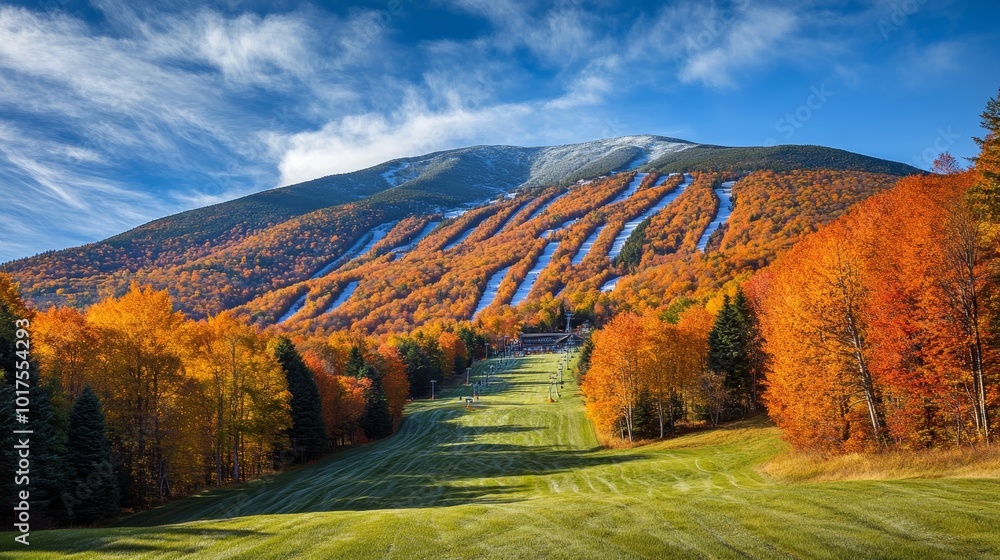 Fototapeta Stowe mountain resort ski trails during fall foliage season stowe vermont usa