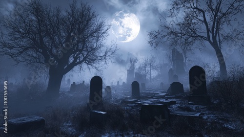 A graveyard with a large moon in the sky