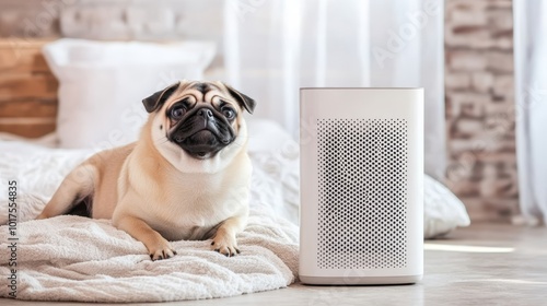 Dog pug breed and air purifier in cozy white bed room for filter and cleaning removing dust pm25 hepa in homefor fresh air and healthy lifeair pollution concept photo