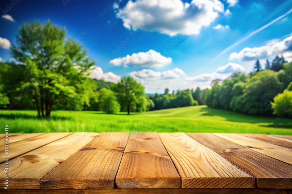 Wooden Table Top with Blurred Green Meadow and Blue Sky - Nature Product Photography Wooden Table Top with Blurred Green Meadow and Blue Sky - Nature Product Photography