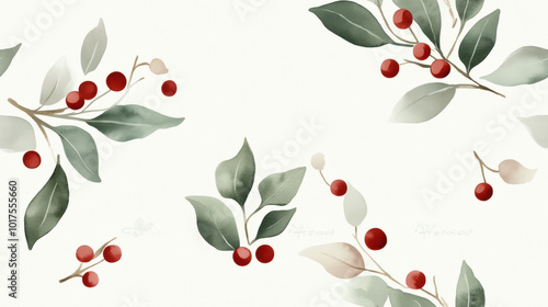 Delicate watercolor holly and mistletoe with red berries and green leaves create serene and festive atmosphere, perfect for holiday decor
