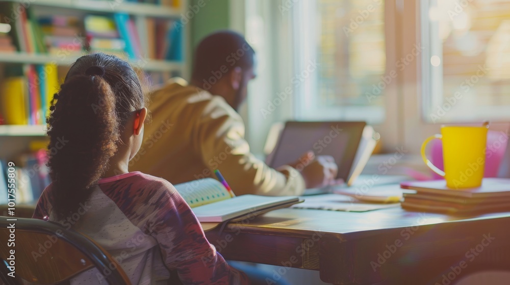Learning Together Child and Tutor Engaged in Education with Textbooks and Notebooks in Bright Classroom Setting Learning Together Child and Tutor Engaged in Education with Textbooks and Notebooks in Bright Classroom Setting