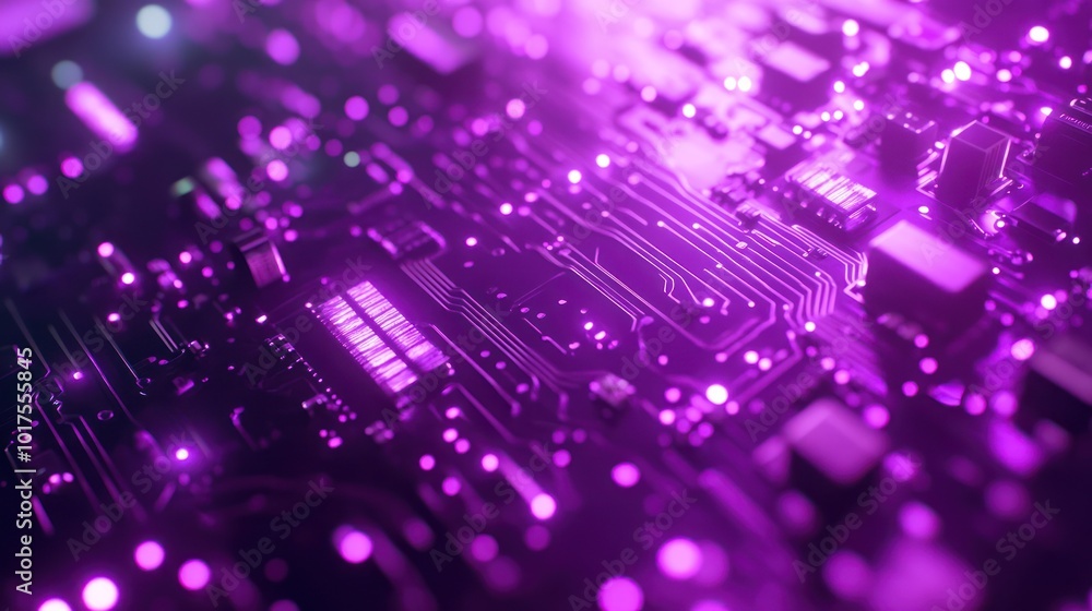Fototapeta premium Abstract close-up of a circuit board with glowing elements in purple hues.