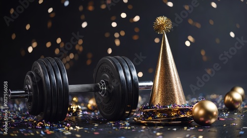 Heavy dumbbells weight plates with party hat and golden horn blower for new years eve celebration healthy fitness lifestyle concept with confetti and ornament gym workout new years resolution