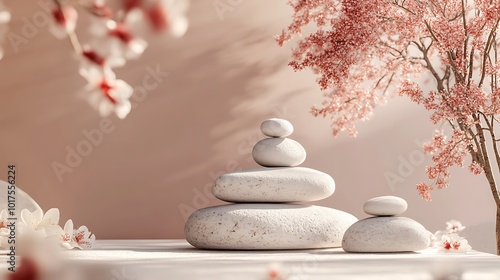 Zen Stones and Delicate Pink Blossoms in a Tranquil Setting