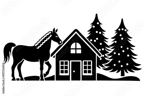 christmas cottage farm horse silhouette 