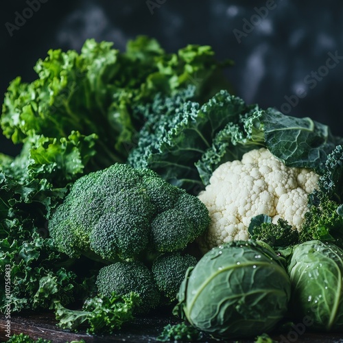 Variety of fresh green cruciferous vegetables with water droplets, featuring broccoli, kale, cabbage, and cauliflower in a lush display of healthy eating