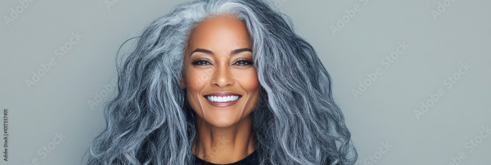 A beautiful mature woman with long silver hair smiles warmly at the camera. A beautiful mature woman with long silver hair smiles warmly at the camera.