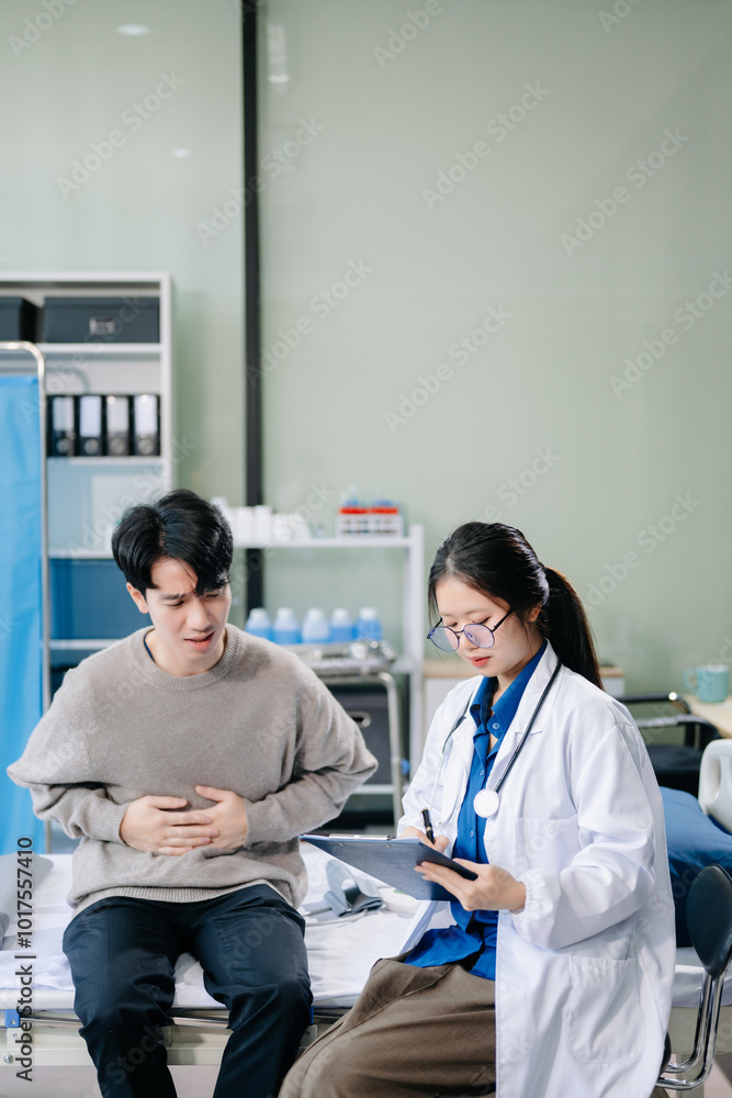 Obraz premium Doctor examining patient with symptoms in a clinic. Medical consultation and healthcare interaction.