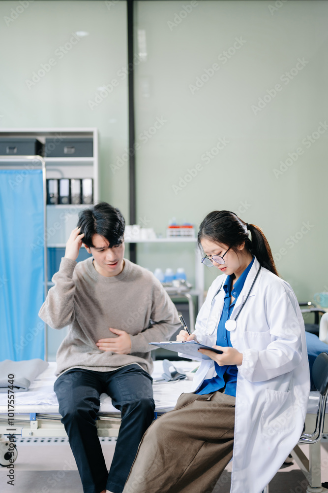 Doctor examining patient with symptoms in a clinic. Medical consultation and healthcare interaction. Doctor examining patient with symptoms in a clinic. Medical consultation and healthcare interaction.