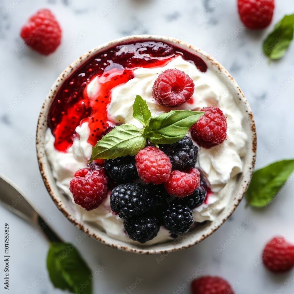A topdown view of creamy Greek yogurt with raspberry sauce and fresh berries A topdown view of creamy Greek yogurt with raspberry sauce and fresh berries